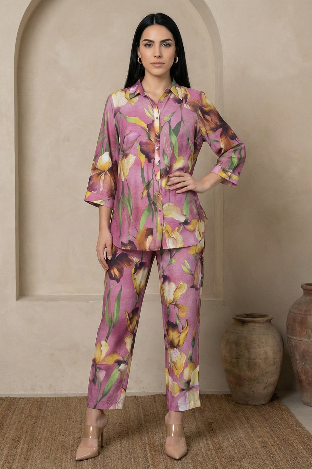 Light Purple Floral Printed Straight Shirt and Pants Co-ord Set