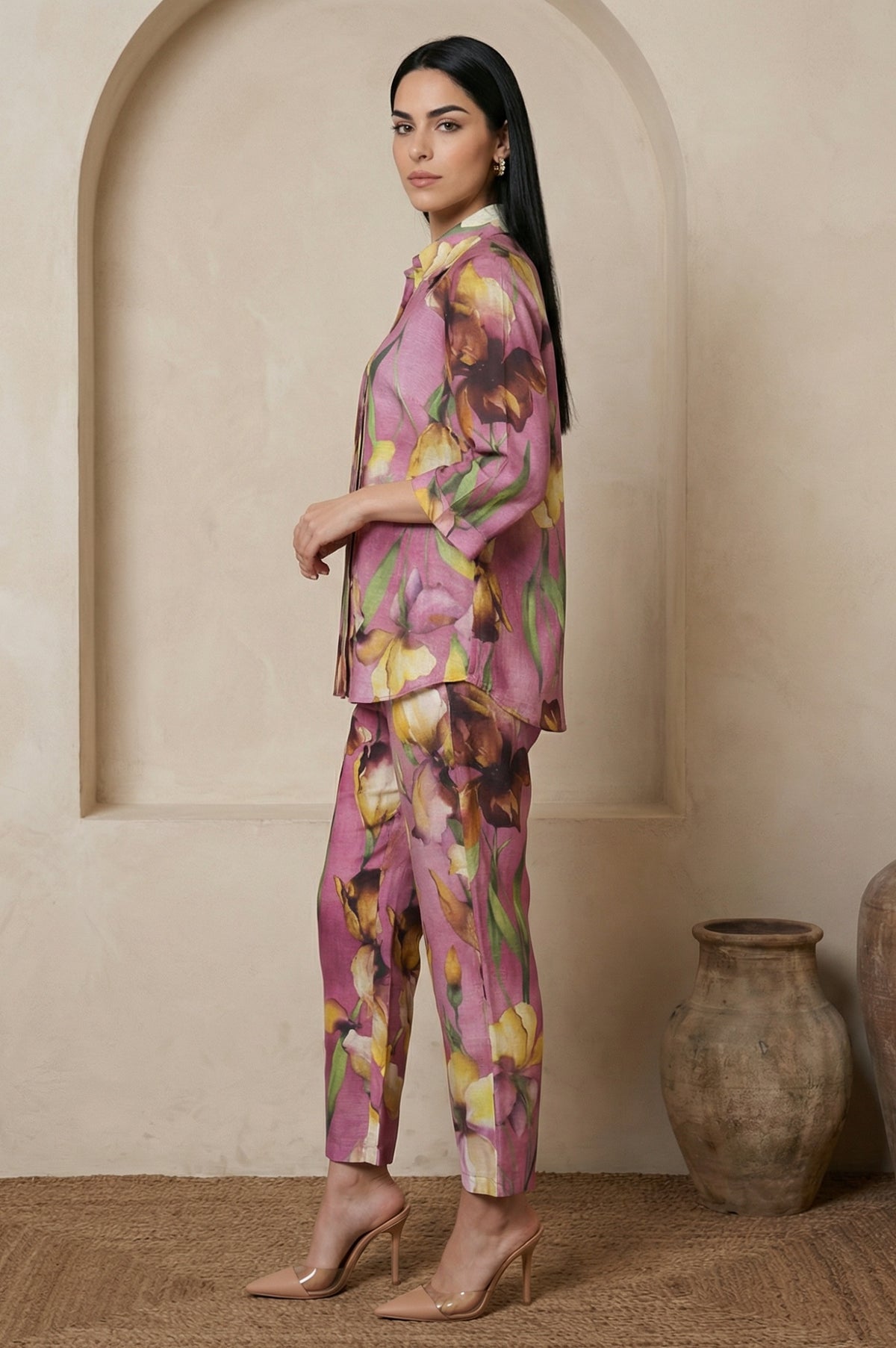 Light Purple Floral Printed Straight Shirt and Pants Co-ord Set