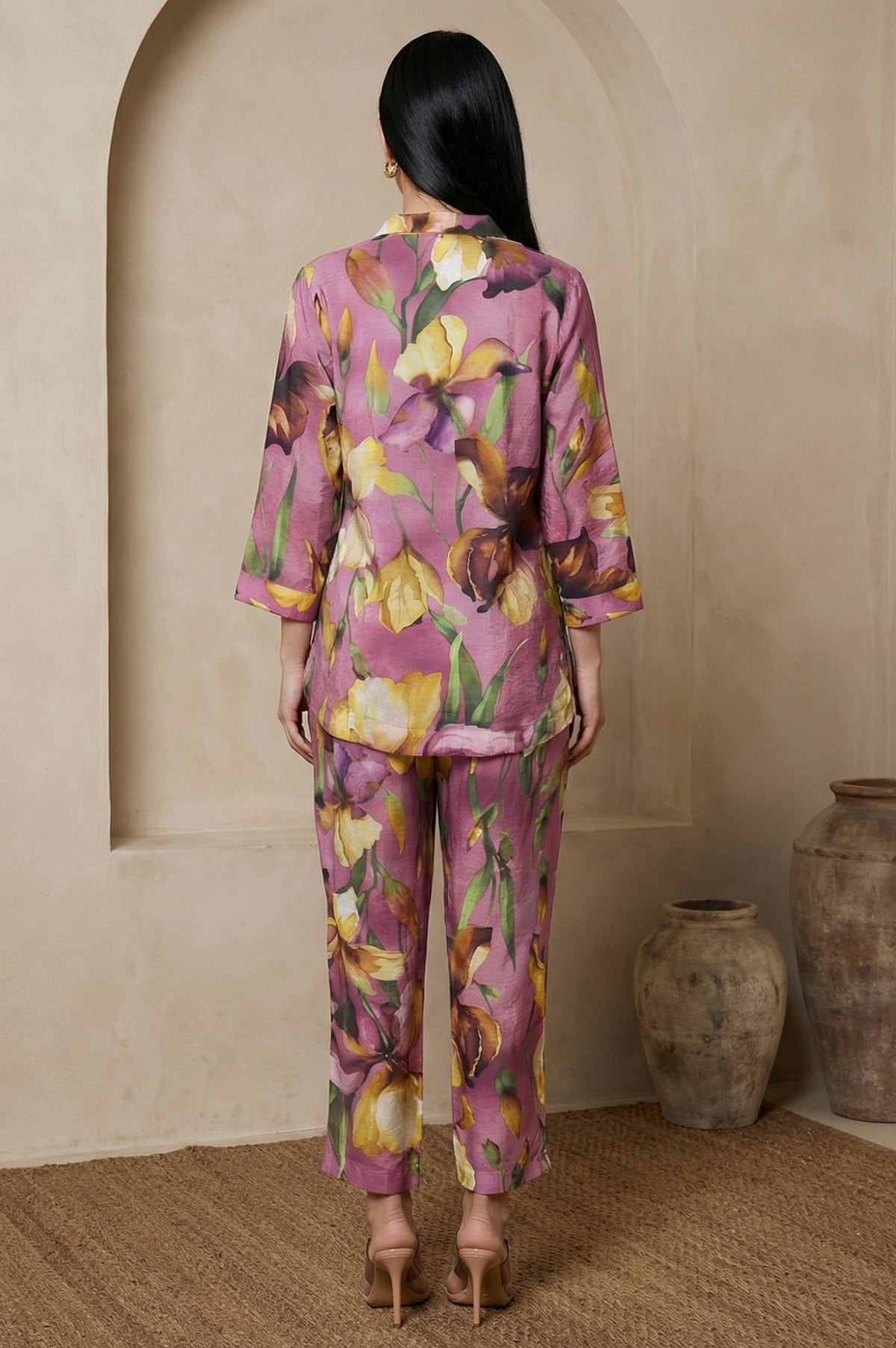 Light Purple Floral Printed Straight Shirt and Pants Co-ord Set