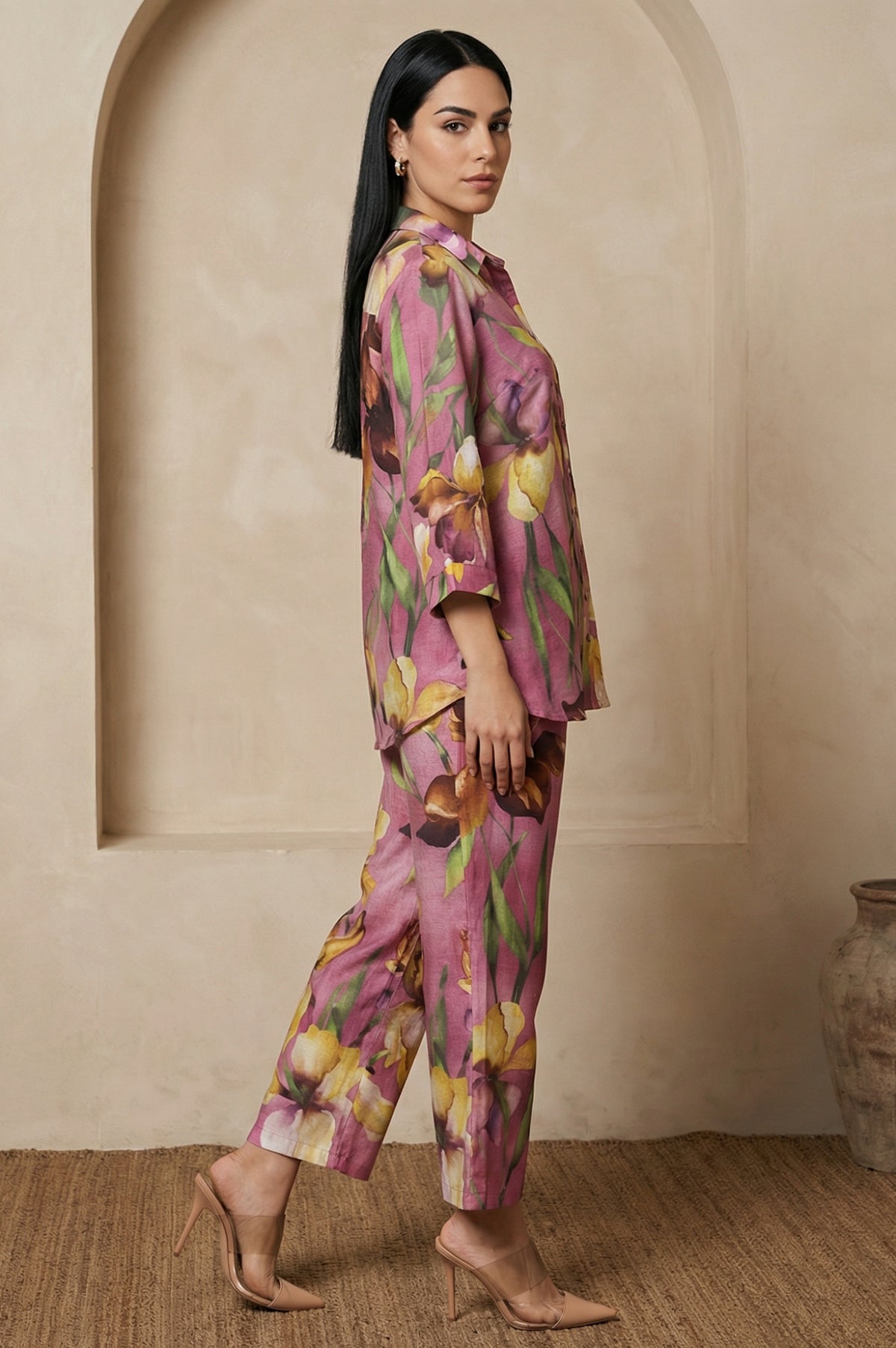 Light Purple Floral Printed Straight Shirt and Pants Co-ord Set