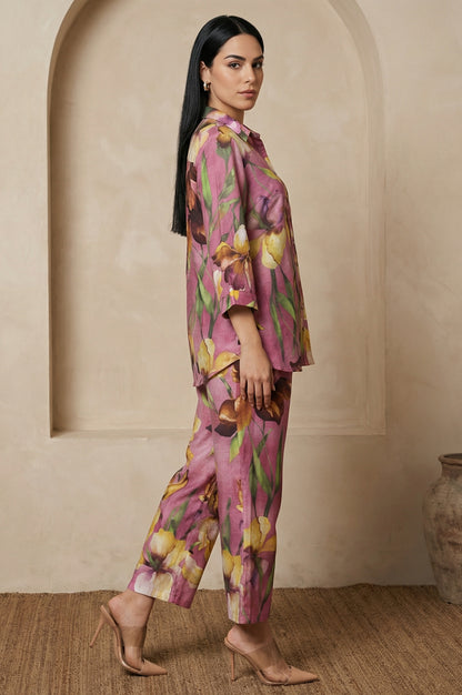 Light Purple Floral Printed Straight Shirt and Pants Co-ord Set