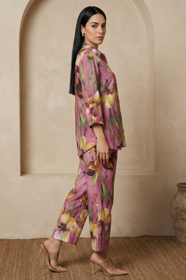 Light Purple Floral Printed Straight Shirt and Pants Co-ord Set
