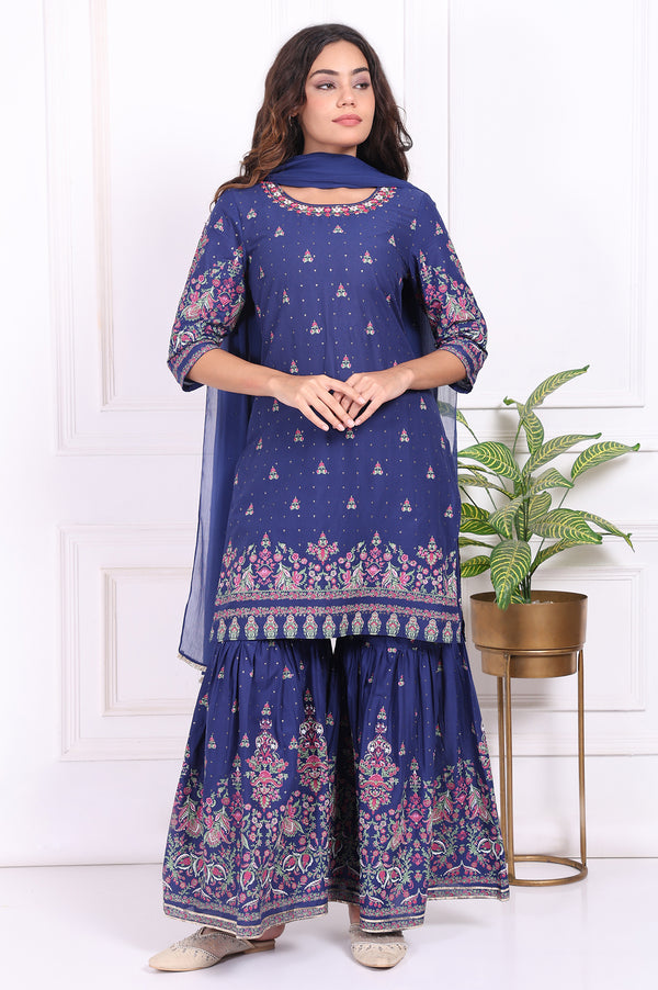 Blue Floral Printed Embroidered Straight Cotton Kurta with Sharara and Dupatta Set