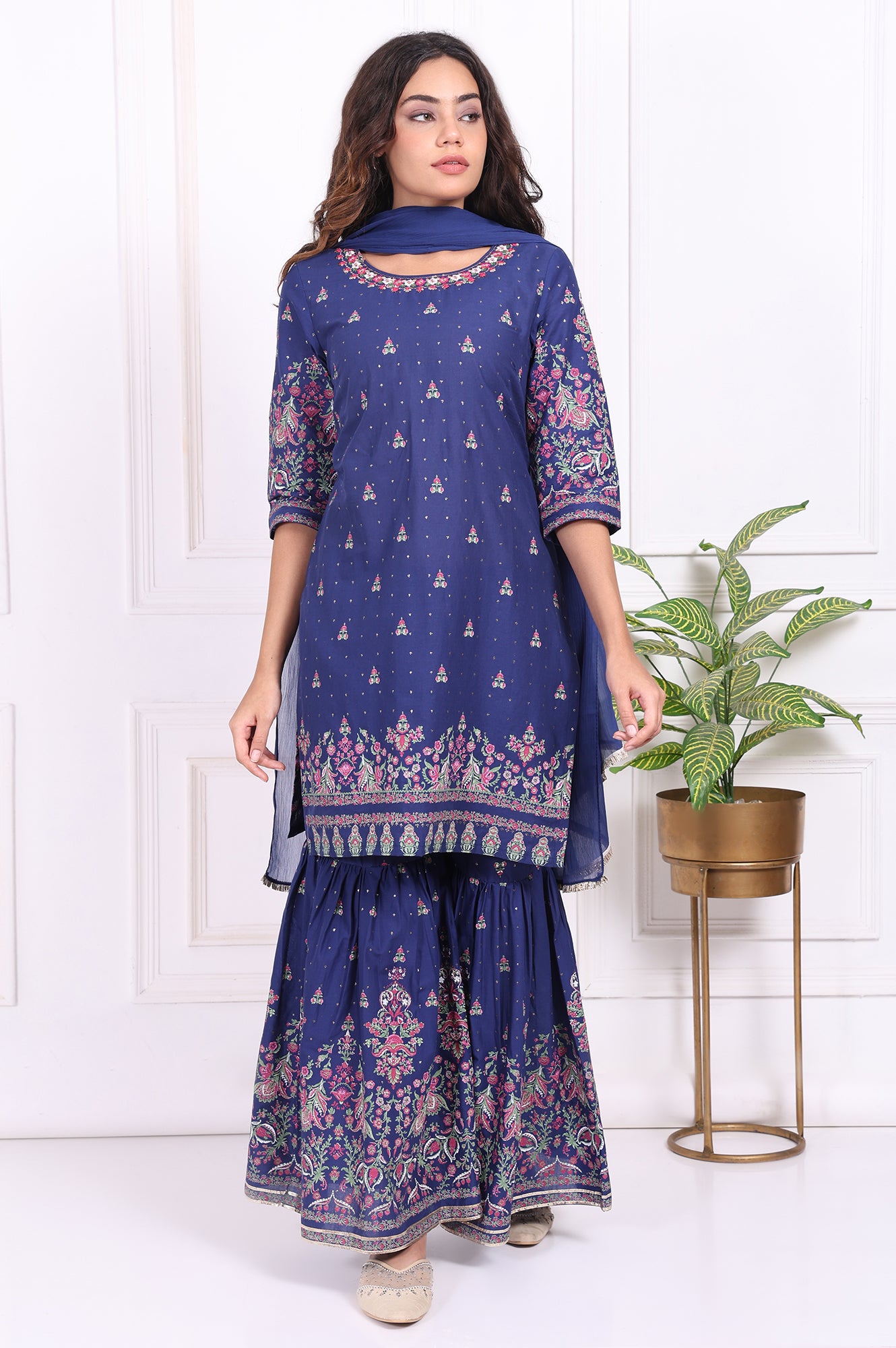 Blue Floral Printed Embroidered Straight Cotton Kurta with Sharara and Dupatta Set