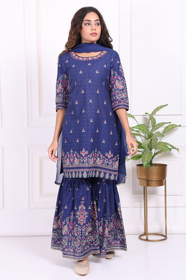 Blue Floral Printed Embroidered Straight Cotton Kurta with Sharara and Dupatta Set