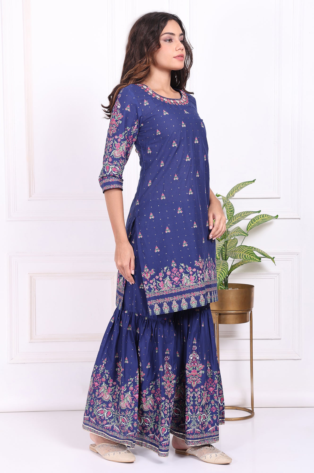 Blue Floral Printed Embroidered Straight Cotton Kurta with Sharara and Dupatta Set