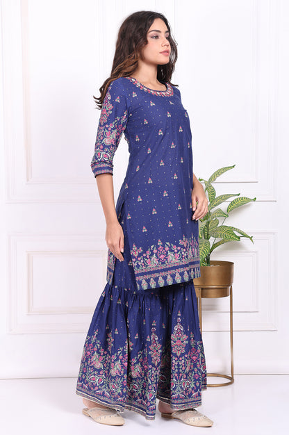Blue Floral Printed Embroidered Straight Cotton Kurta with Sharara and Dupatta Set