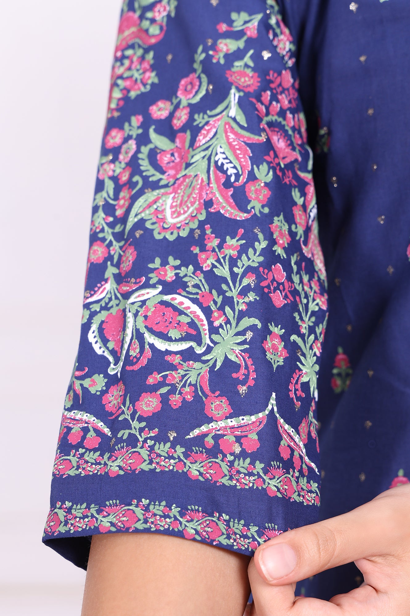 Blue Floral Printed Embroidered Straight Cotton Kurta with Sharara and Dupatta Set