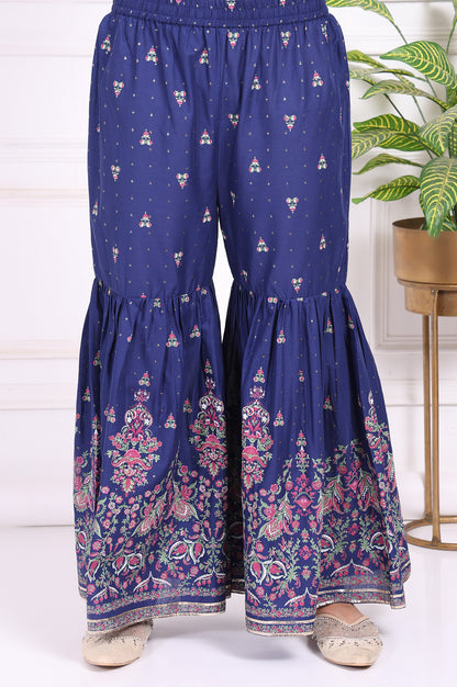 Blue Floral Printed Embroidered Straight Cotton Kurta with Sharara and Dupatta Set