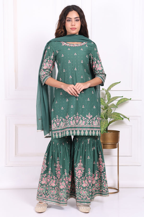 Green Floral Printed Embroidered Straight Cotton Kurta with Sharara and Dupatta Set