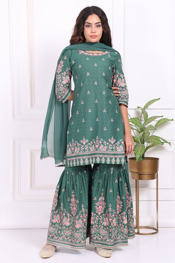 Green Floral Printed Embroidered Straight Cotton Kurta with Sharara and Dupatta Set