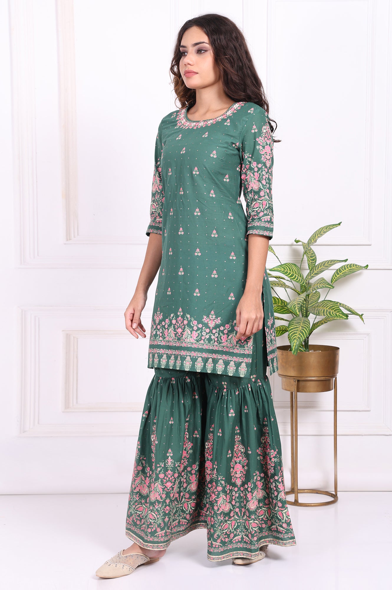 Green Floral Printed Embroidered Straight Cotton Kurta with Sharara and Dupatta Set