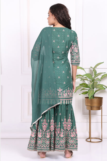 Green Floral Printed Embroidered Straight Cotton Kurta with Sharara and Dupatta Set