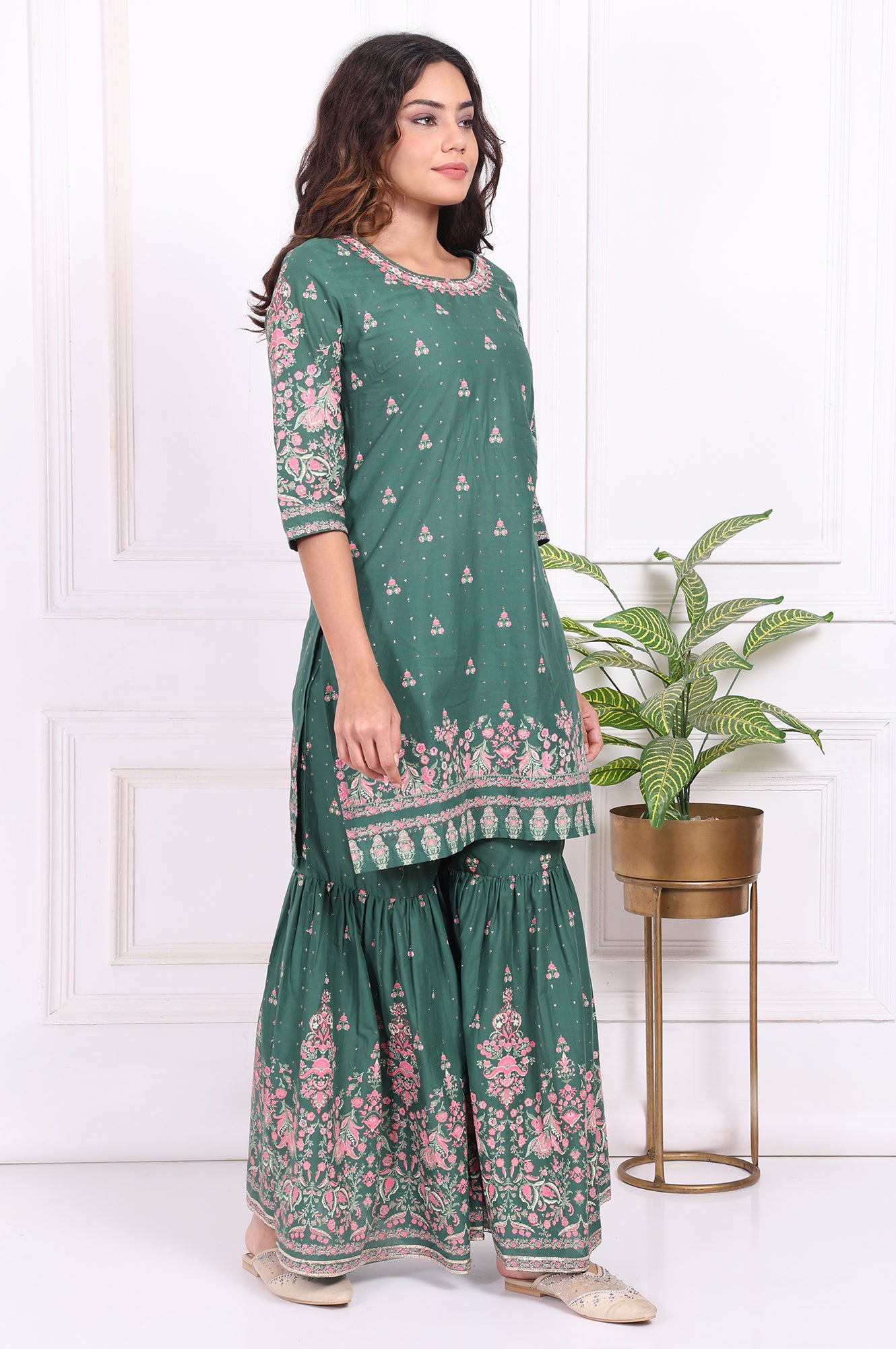 Green Floral Printed Embroidered Straight Cotton Kurta with Sharara and Dupatta Set