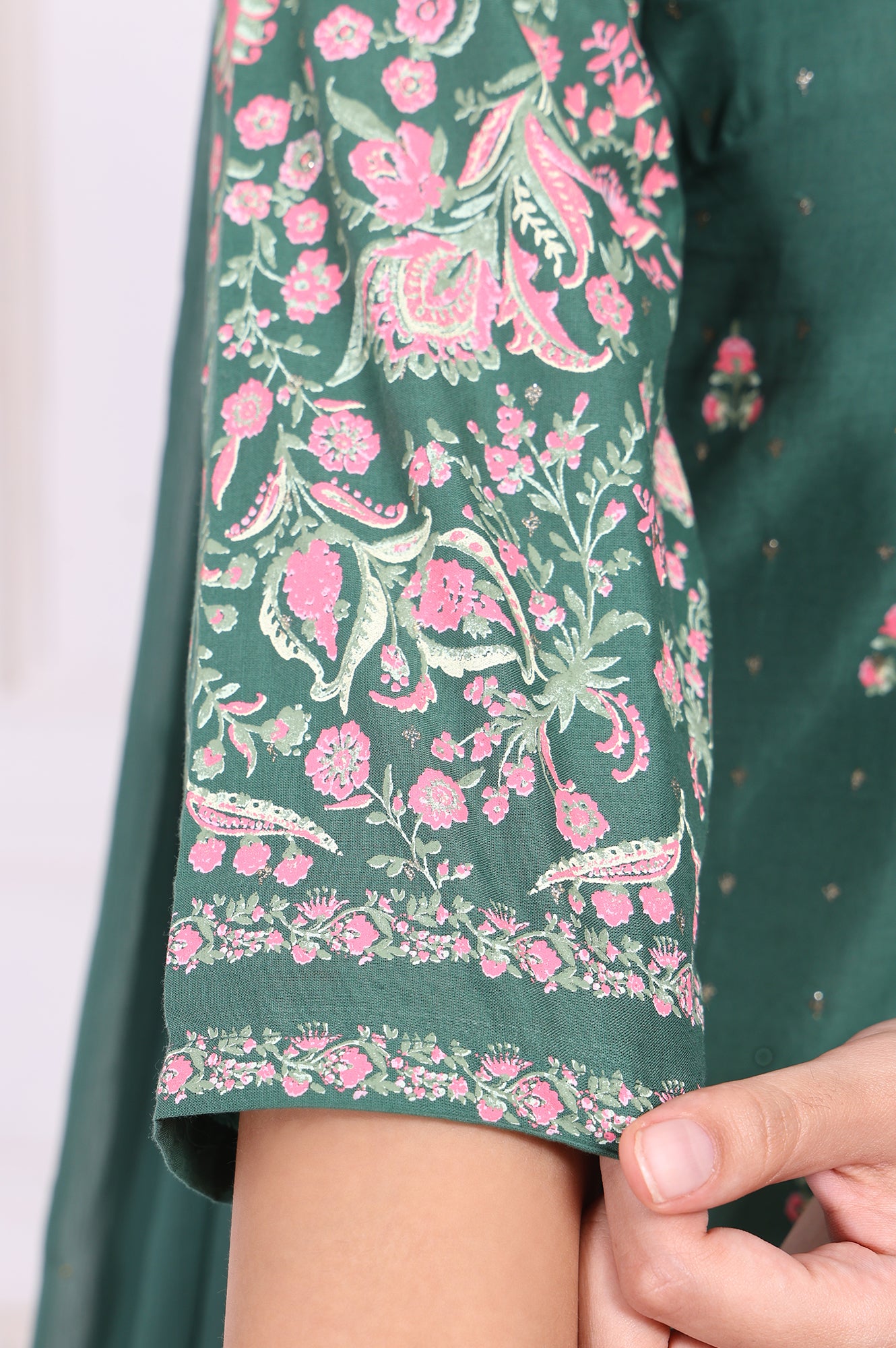 Green Floral Printed Embroidered Straight Cotton Kurta with Sharara and Dupatta Set