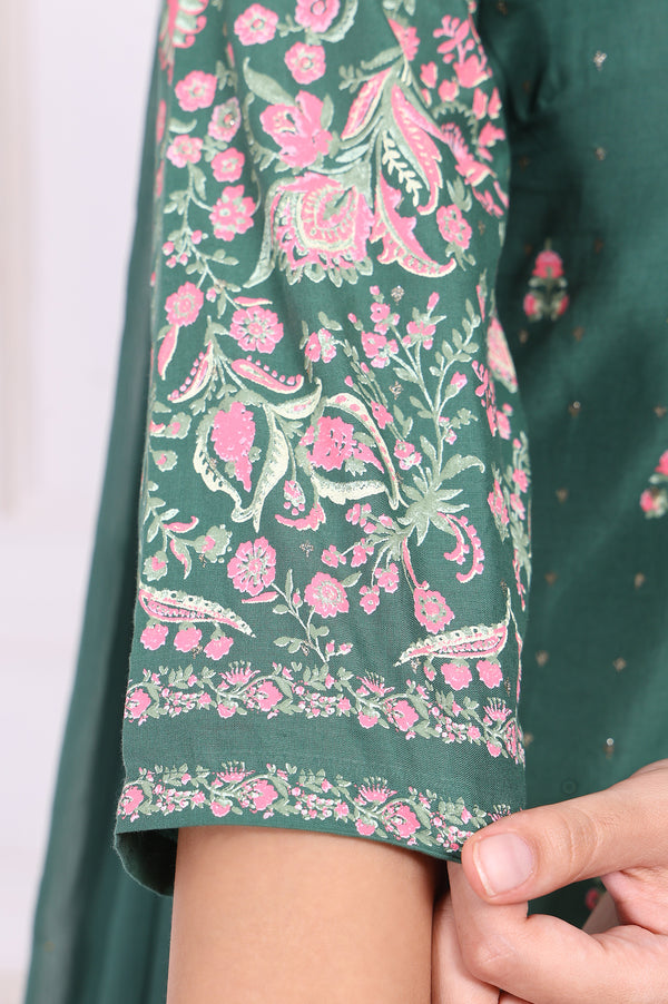 Green Floral Printed Embroidered Straight Cotton Kurta with Sharara and Dupatta Set