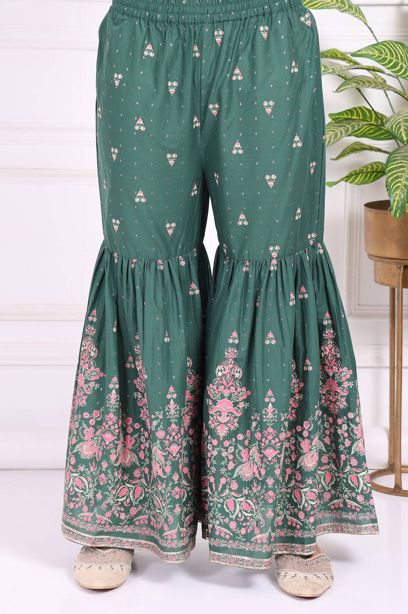 Green Floral Printed Embroidered Straight Cotton Kurta with Sharara and Dupatta Set