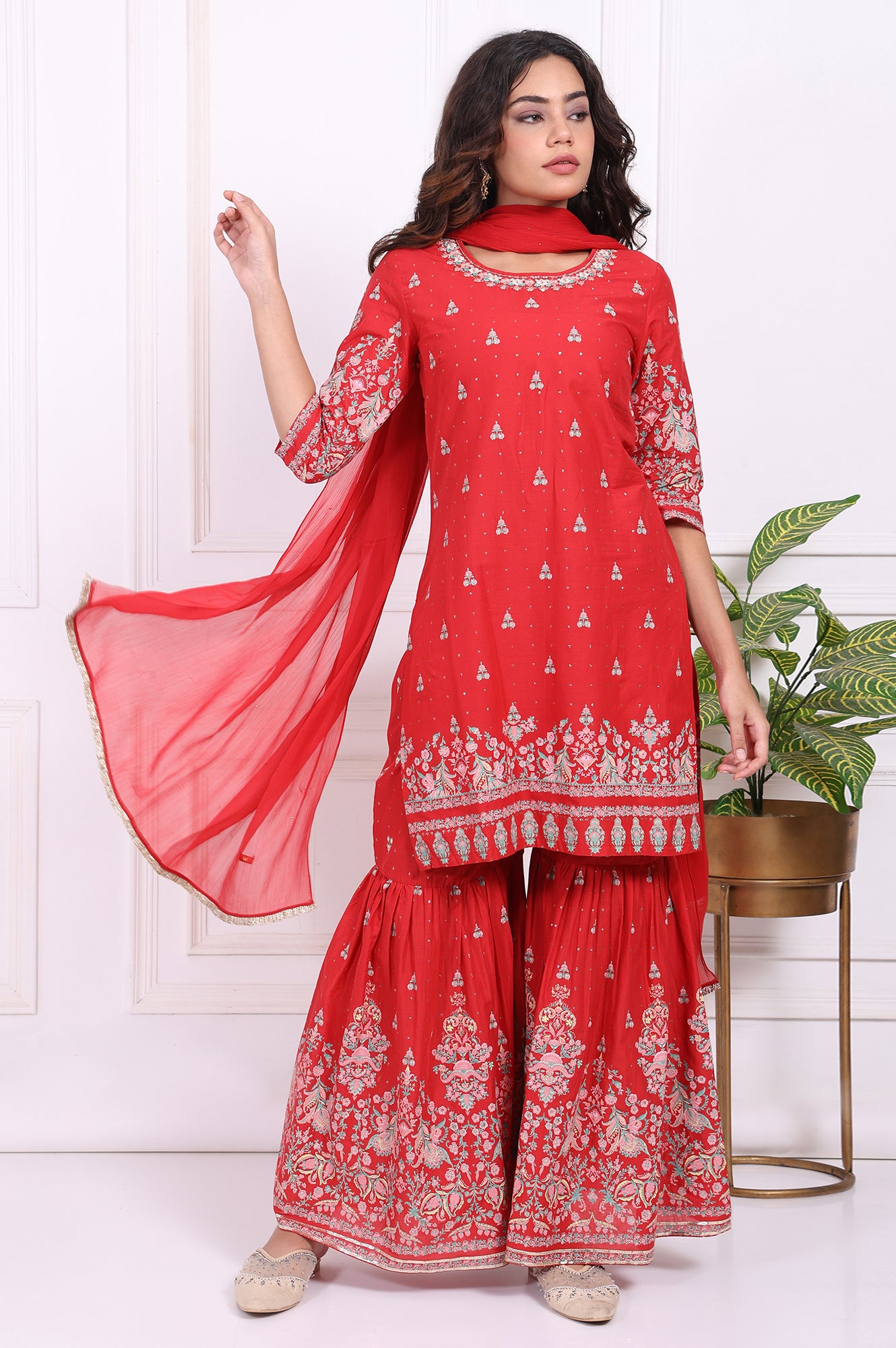 Red Floral Printed Embroidered Straight Cotton Kurta with Sharara and Dupatta Set