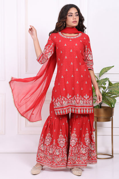 Red Floral Printed Embroidered Straight Cotton Kurta with Sharara and Dupatta Set