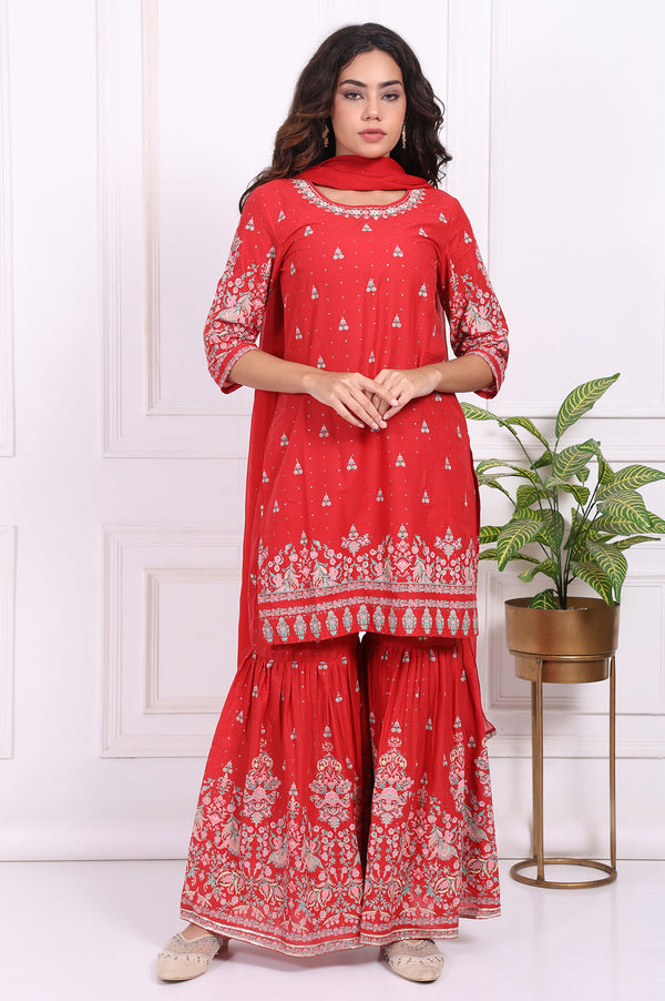 Red Floral Printed Embroidered Straight Cotton Kurta with Sharara and Dupatta Set
