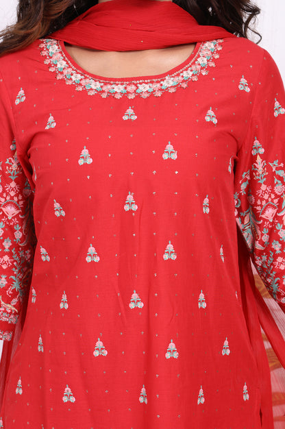 Red Floral Printed Embroidered Straight Cotton Kurta with Sharara and Dupatta Set
