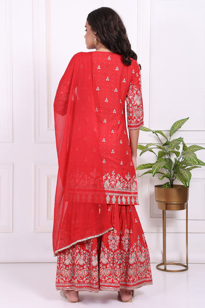 Red Floral Printed Embroidered Straight Cotton Kurta with Sharara and Dupatta Set