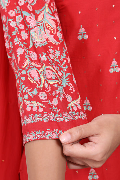 Red Floral Printed Embroidered Straight Cotton Kurta with Sharara and Dupatta Set