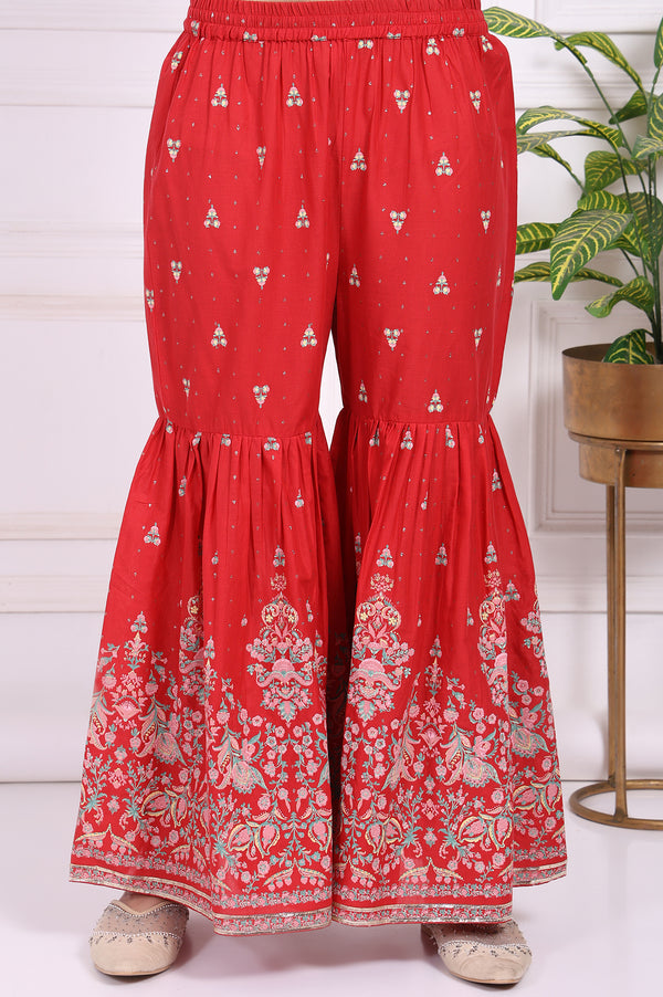 Red Floral Printed Embroidered Straight Cotton Kurta with Sharara and Dupatta Set