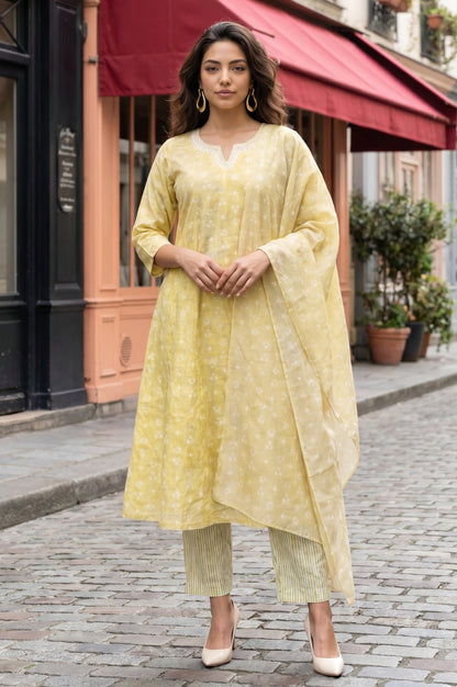 Yellow Printed Pure Cotton Flared Kurta With Pants and Dupatta Set