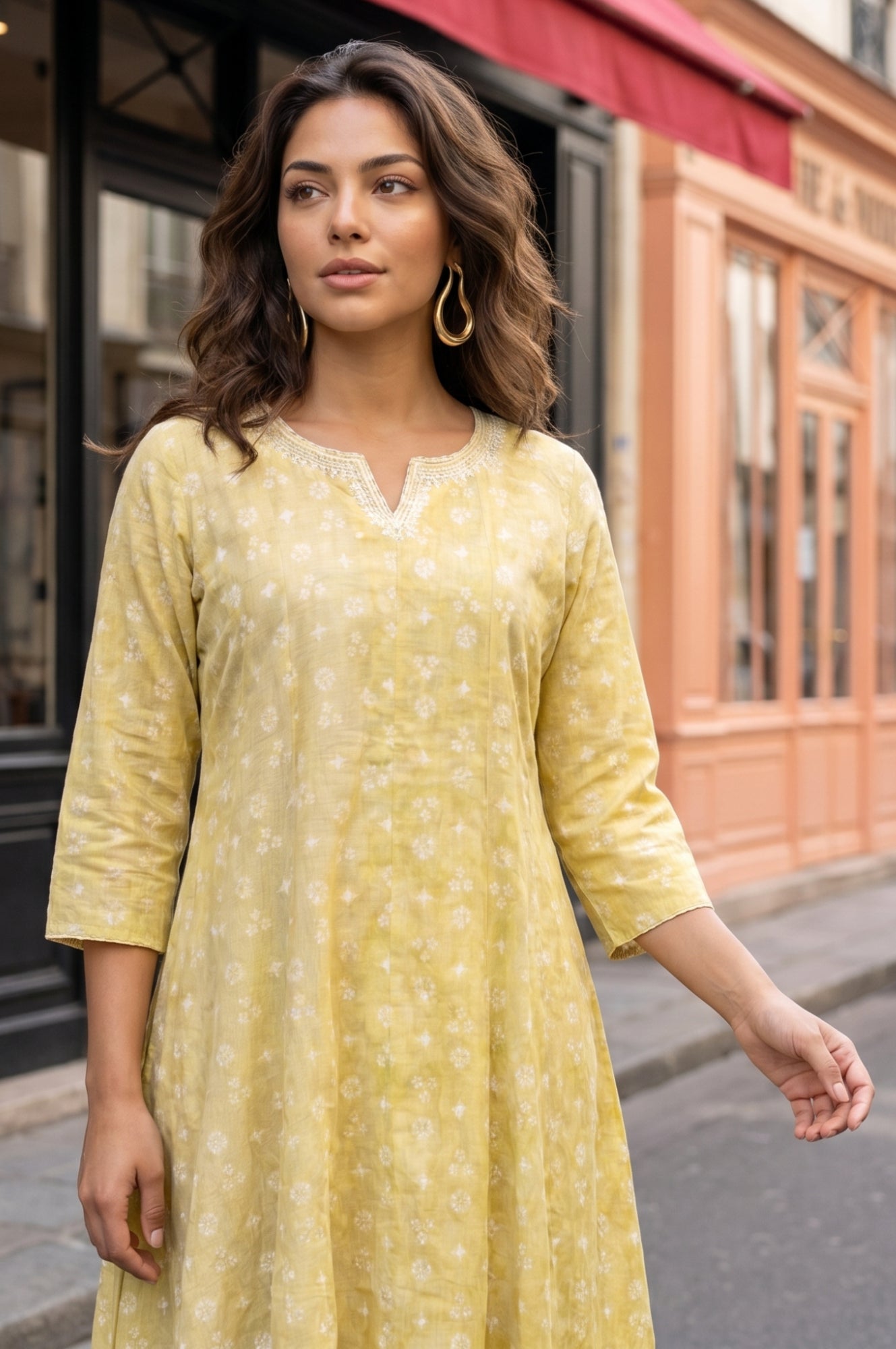 Yellow Printed Pure Cotton Flared Kurta With Pants and Dupatta Set