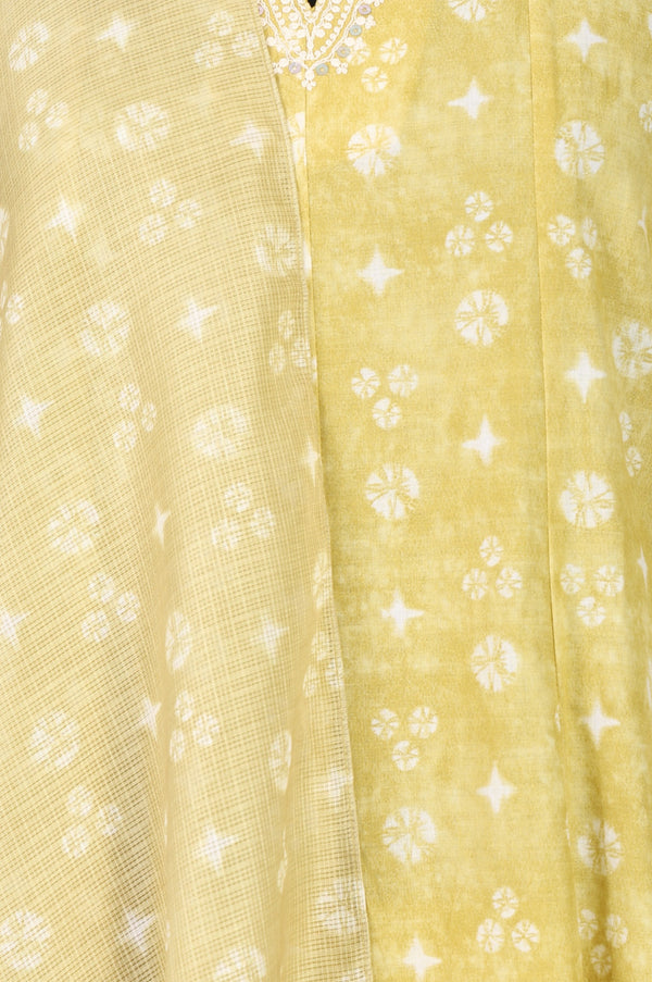 Yellow Printed Pure Cotton Flared Kurta With Pants and Dupatta Set