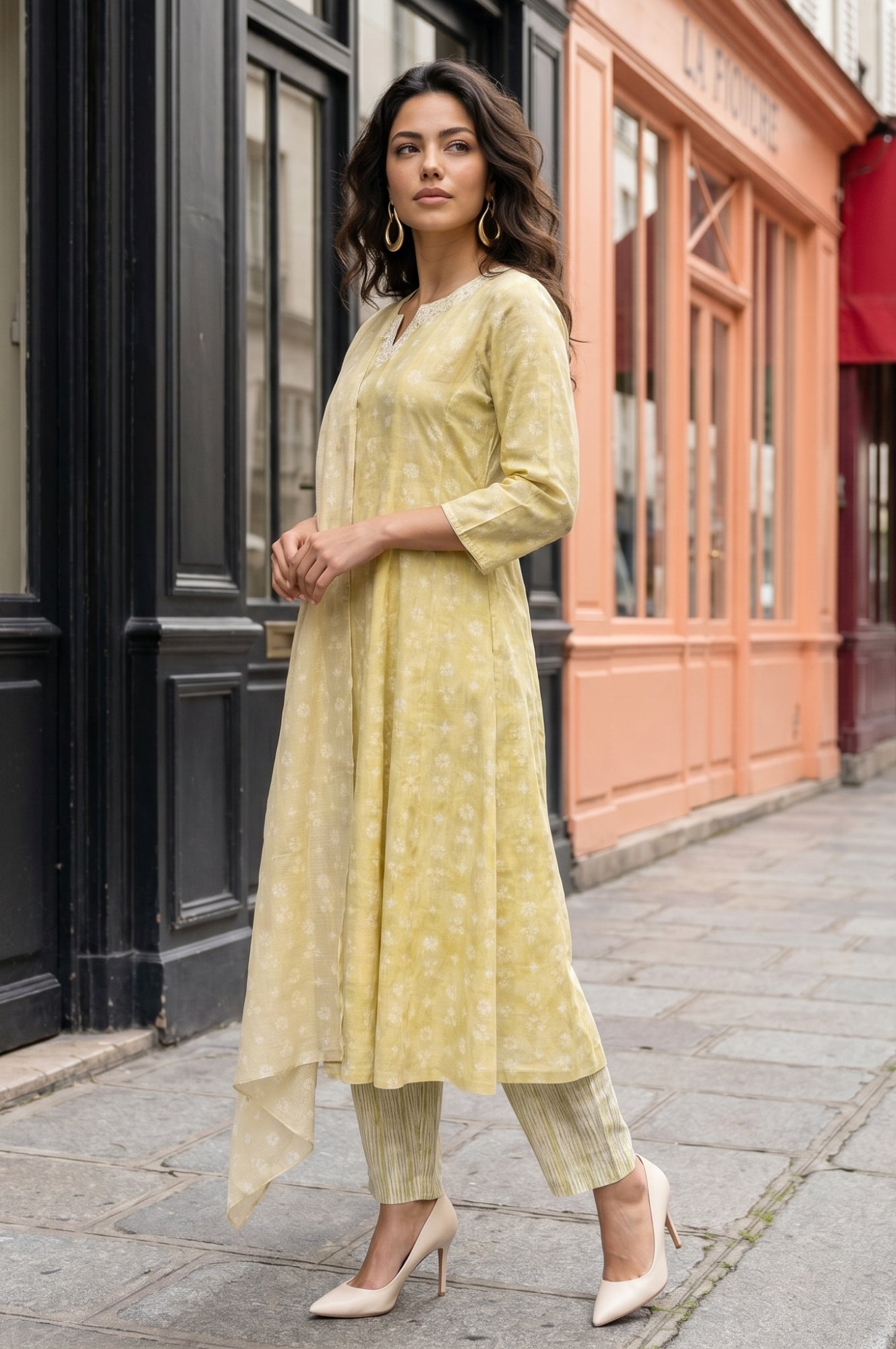 Yellow Printed Pure Cotton Flared Kurta With Pants and Dupatta Set