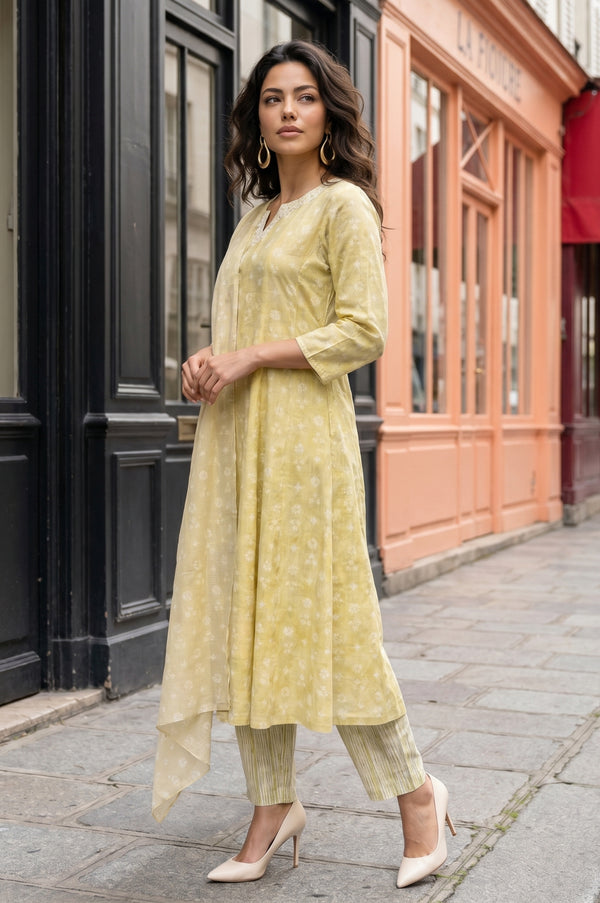 Yellow Printed Pure Cotton Flared Kurta With Pants and Dupatta Set