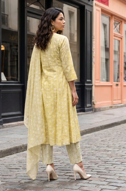 Yellow Printed Pure Cotton Flared Kurta With Pants and Dupatta Set