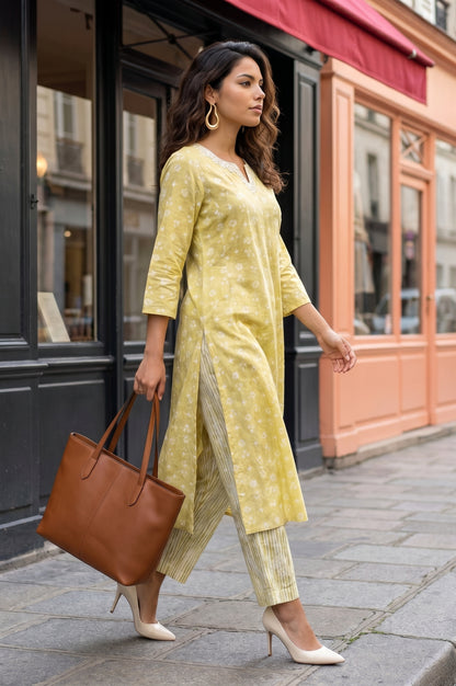 Yellow Printed Pure Cotton Flared Kurta With Pants and Dupatta Set