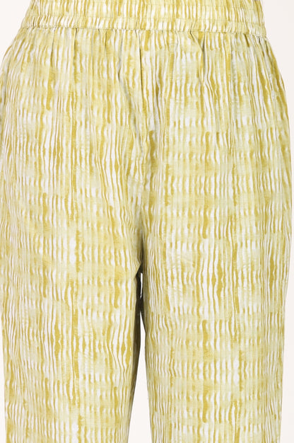 Yellow Printed Pure Cotton Flared Kurta With Pants and Dupatta Set