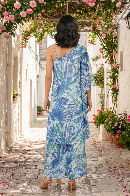 White and Blue Tropical Printed Chiffon One-Shoulder Kurta and Flared Pants Co-ord Set