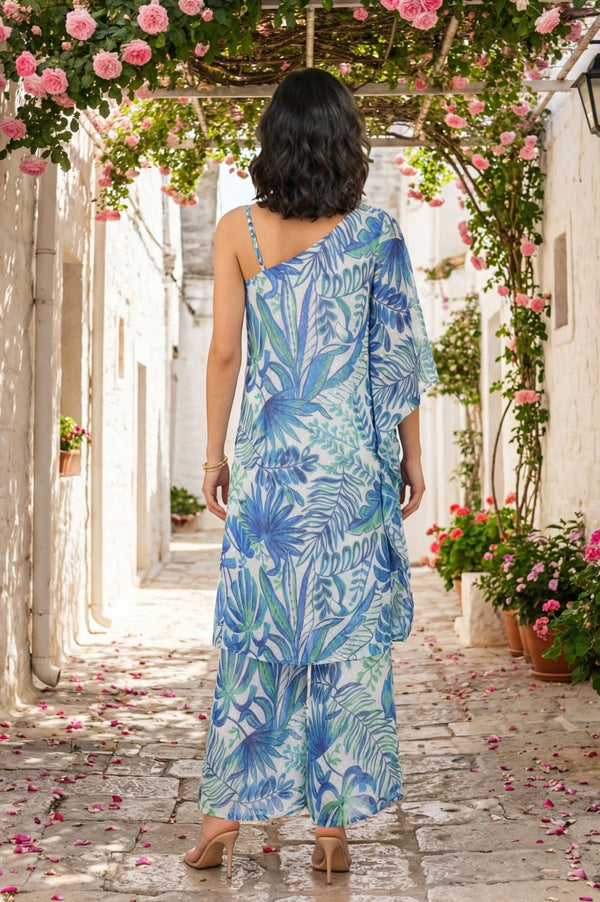 White and Blue Tropical Printed Chiffon One-Shoulder Kurta and Flared Pants Co-ord Set