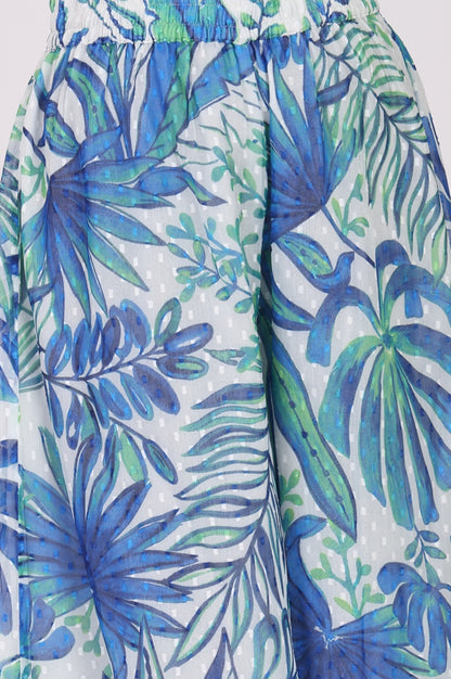 White and Blue Tropical Printed Chiffon One-Shoulder Kurta and Flared Pants Co-ord Set