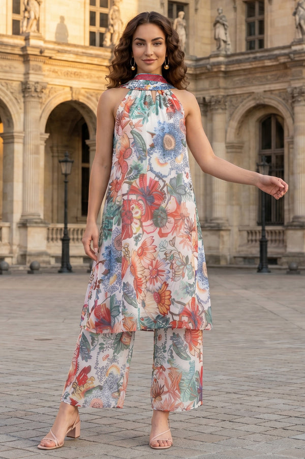 White Floral Printed Chiffon Sleeveless Flared Kurta with Pants and Dupatta Set