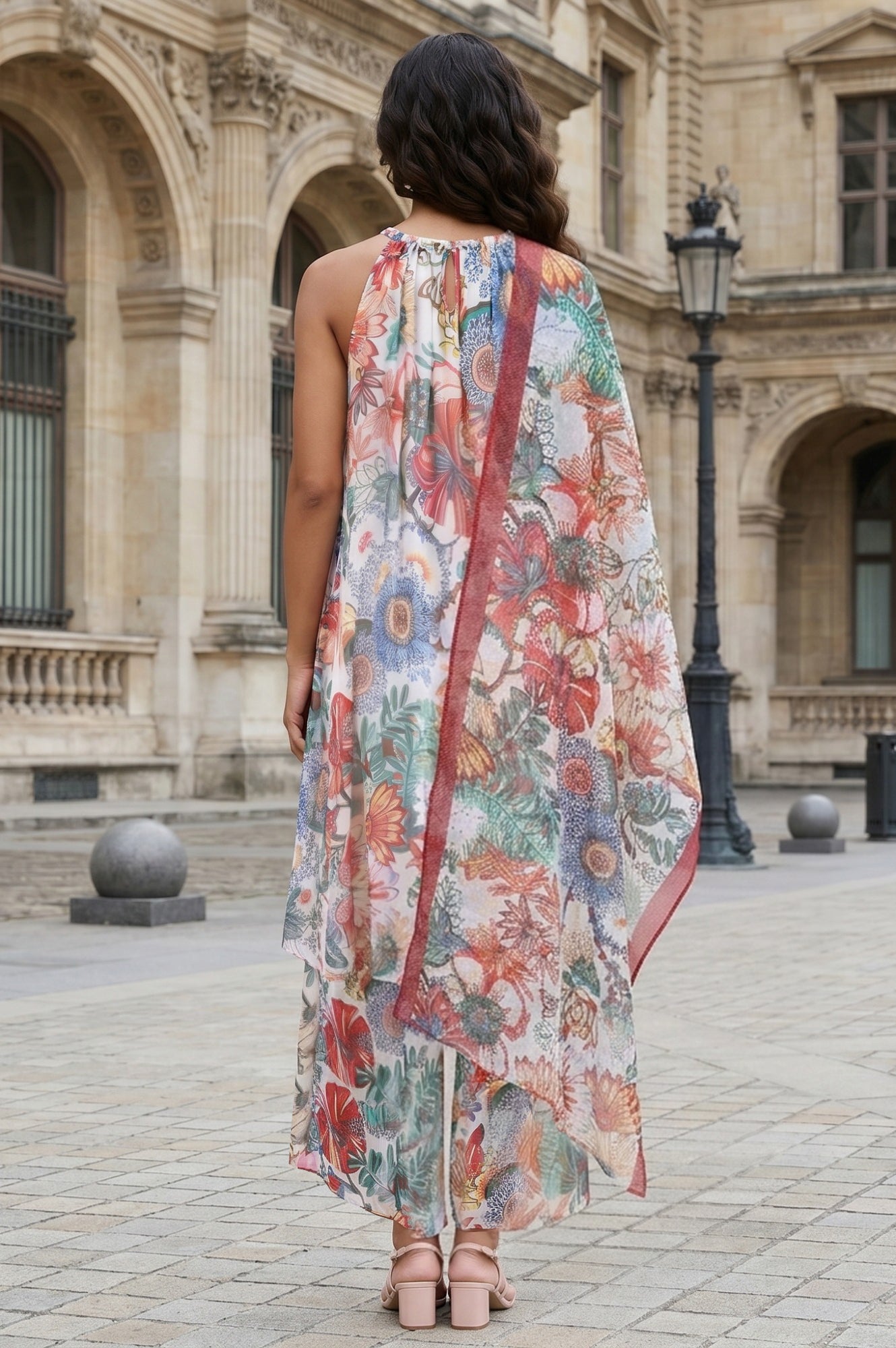 White Floral Printed Chiffon Sleeveless Flared Kurta with Pants and Dupatta Set