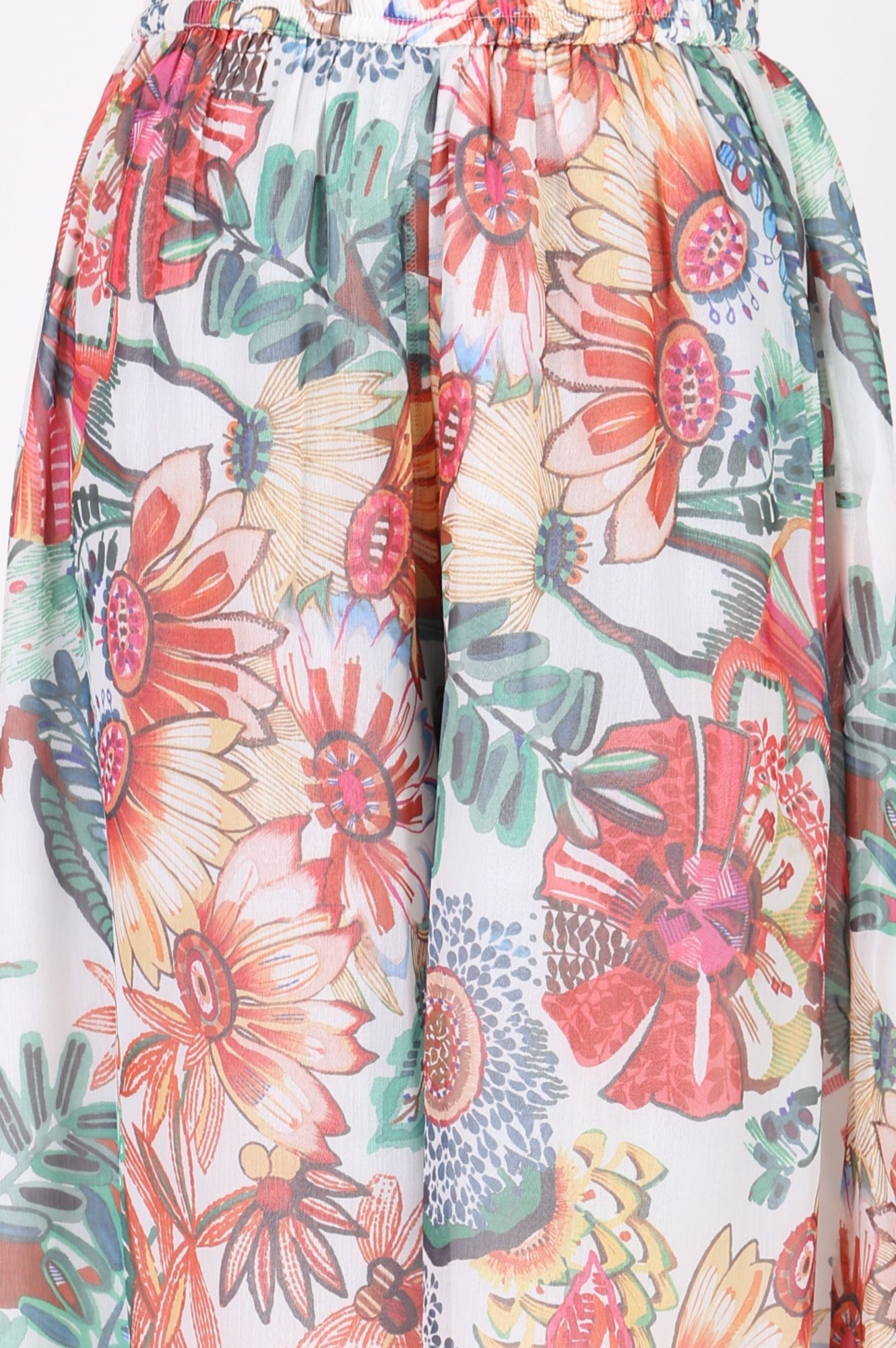 White Floral Printed Chiffon Sleeveless Flared Kurta with Pants and Dupatta Set