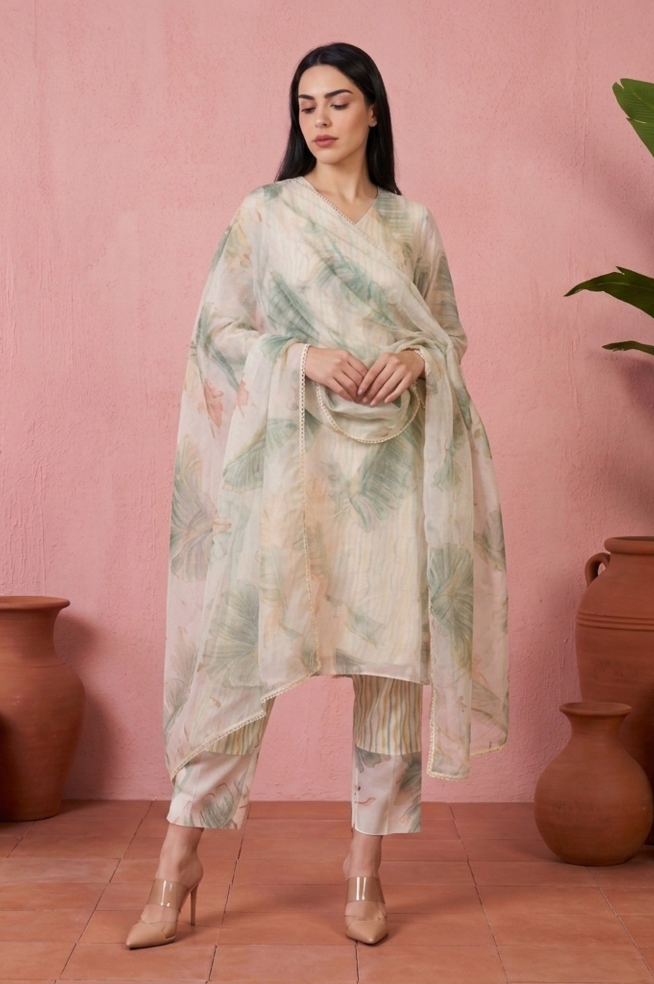 Off White Tropical Printed Organza Straight Kurta with Straight Pants and Dupatta Set