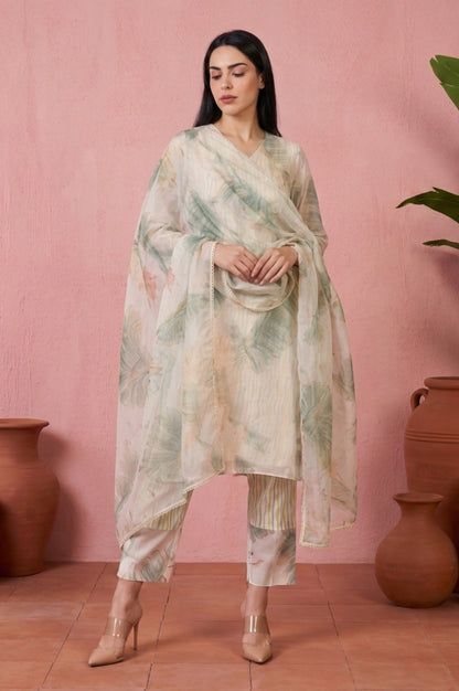Off White Tropical Printed Organza Straight Kurta with Straight Pants and Dupatta Set