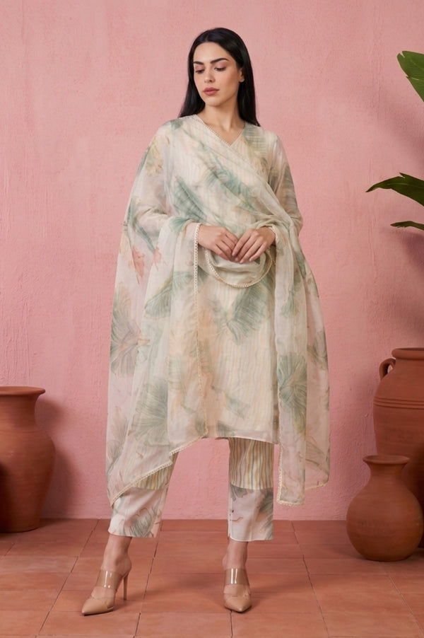 Off White Tropical Printed Organza Straight Kurta with Straight Pants and Dupatta Set