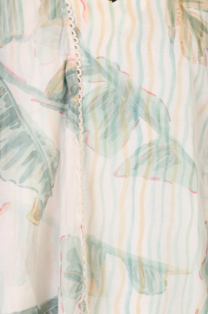 Off White Tropical Printed Organza Straight Kurta with Straight Pants and Dupatta Set