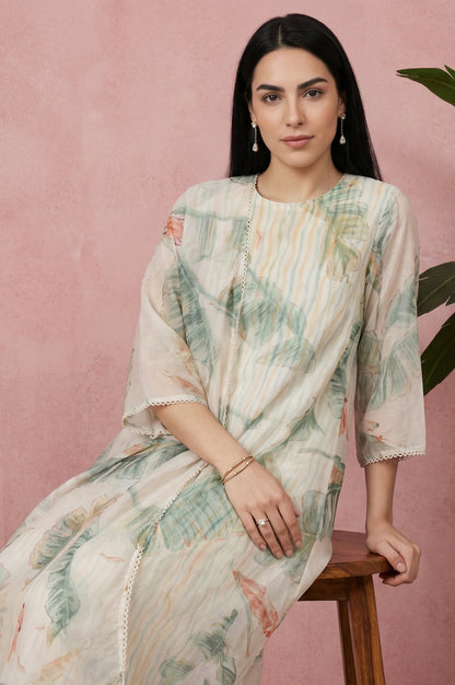 Off White Tropical Printed Organza Straight Kurta with Straight Pants and Dupatta Set