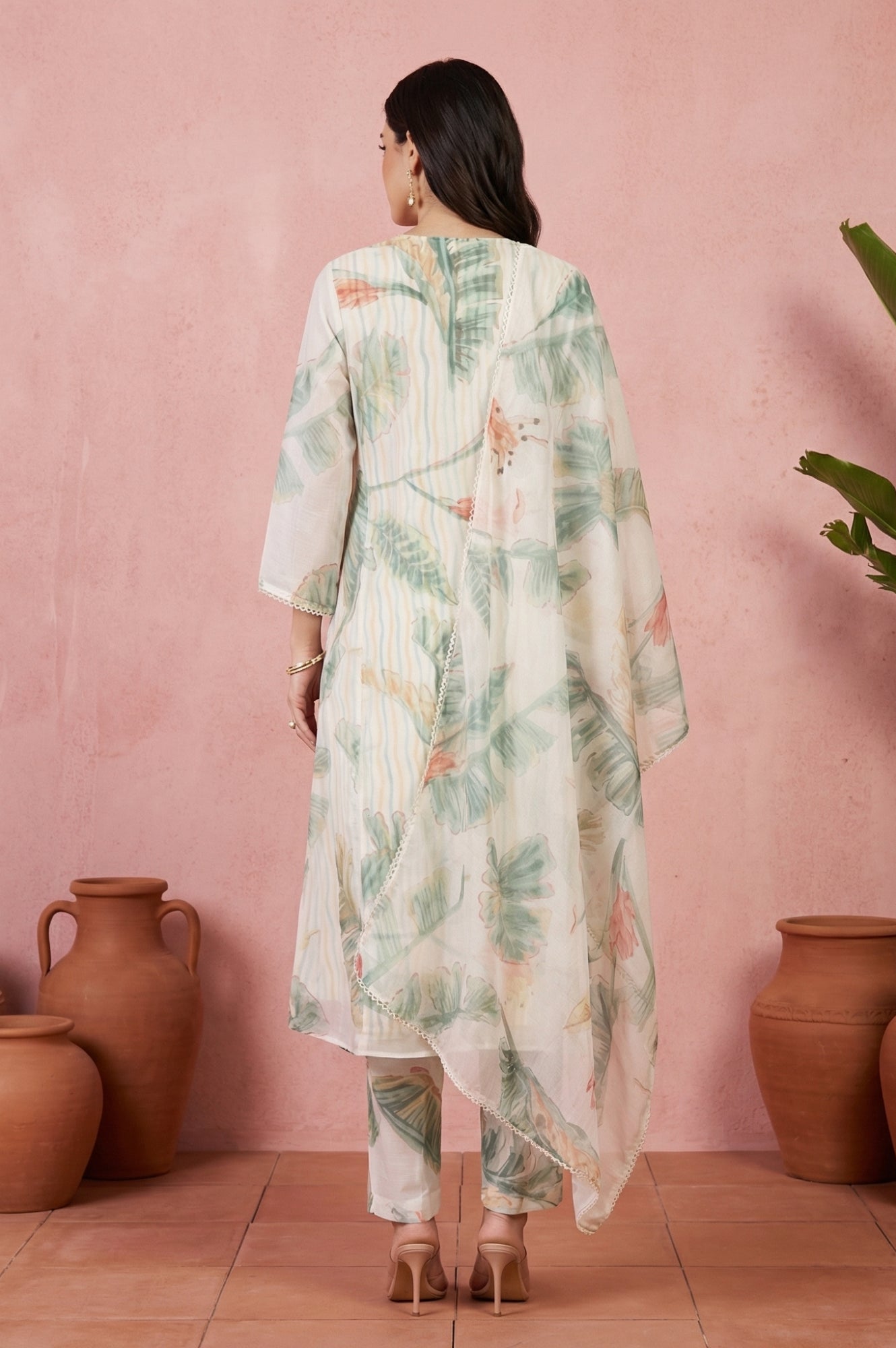 Off White Tropical Printed Organza Straight Kurta with Straight Pants and Dupatta Set