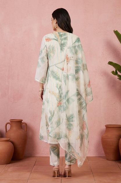 Off White Tropical Printed Organza Straight Kurta with Straight Pants and Dupatta Set