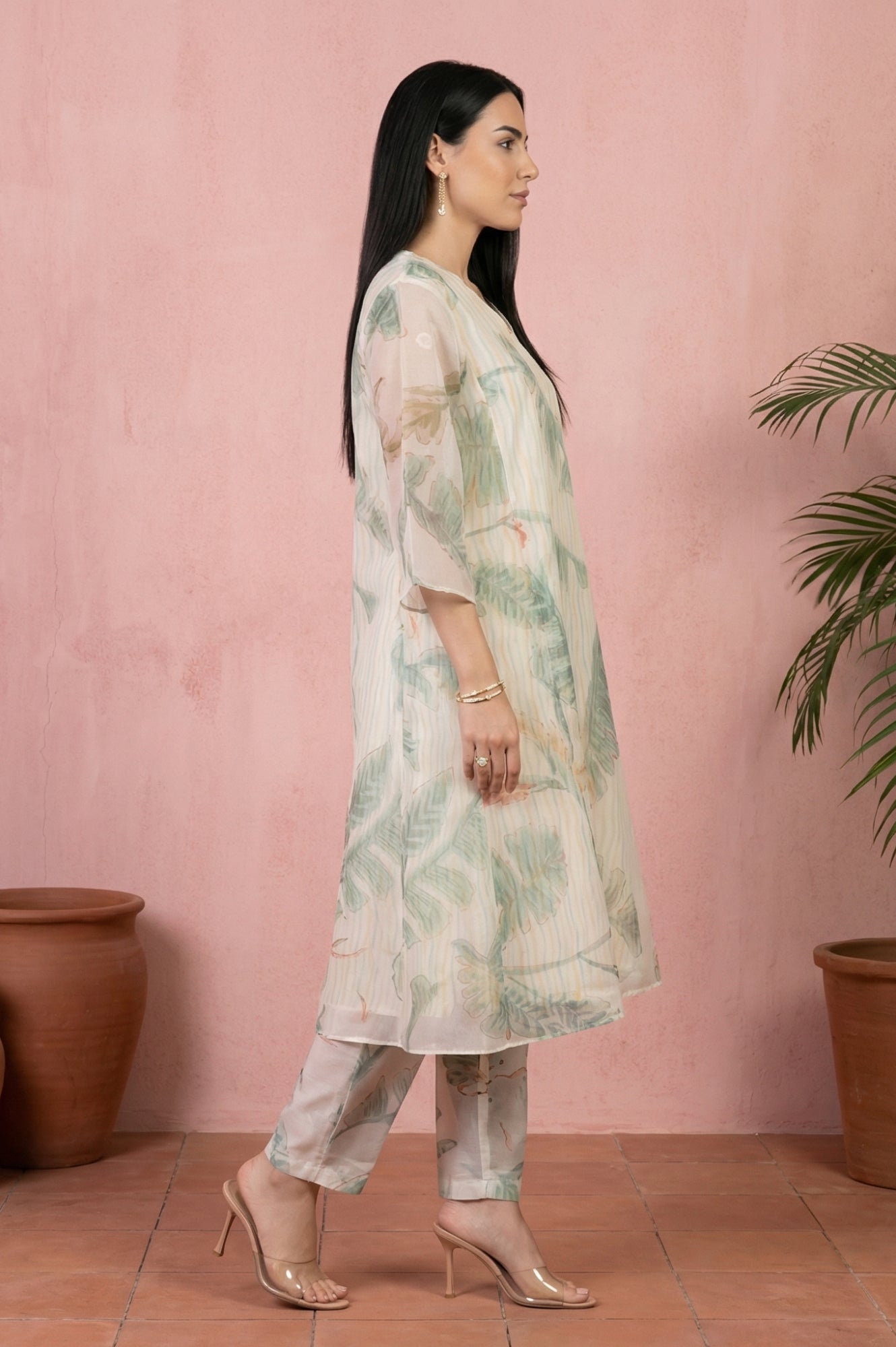 Off White Tropical Printed Organza Straight Kurta with Straight Pants and Dupatta Set